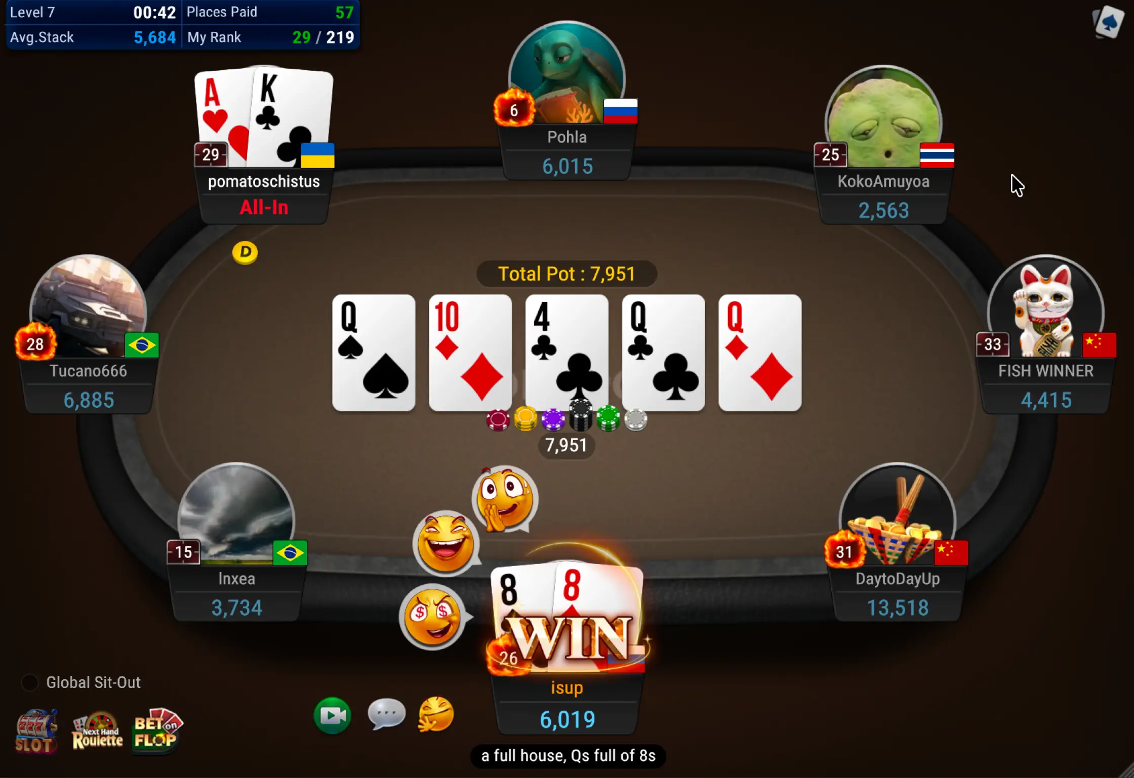 Покерный стол PokerOK — карманные карты, общие карты, кнопки действий и места игроков