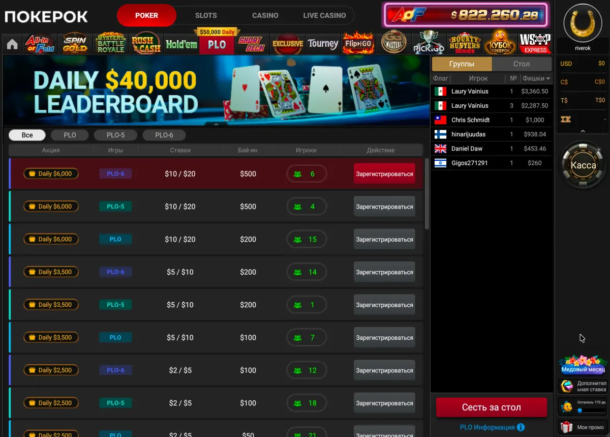 Вкладка «PLO» в лобби PokerOK со списком кэш-столов Omaha