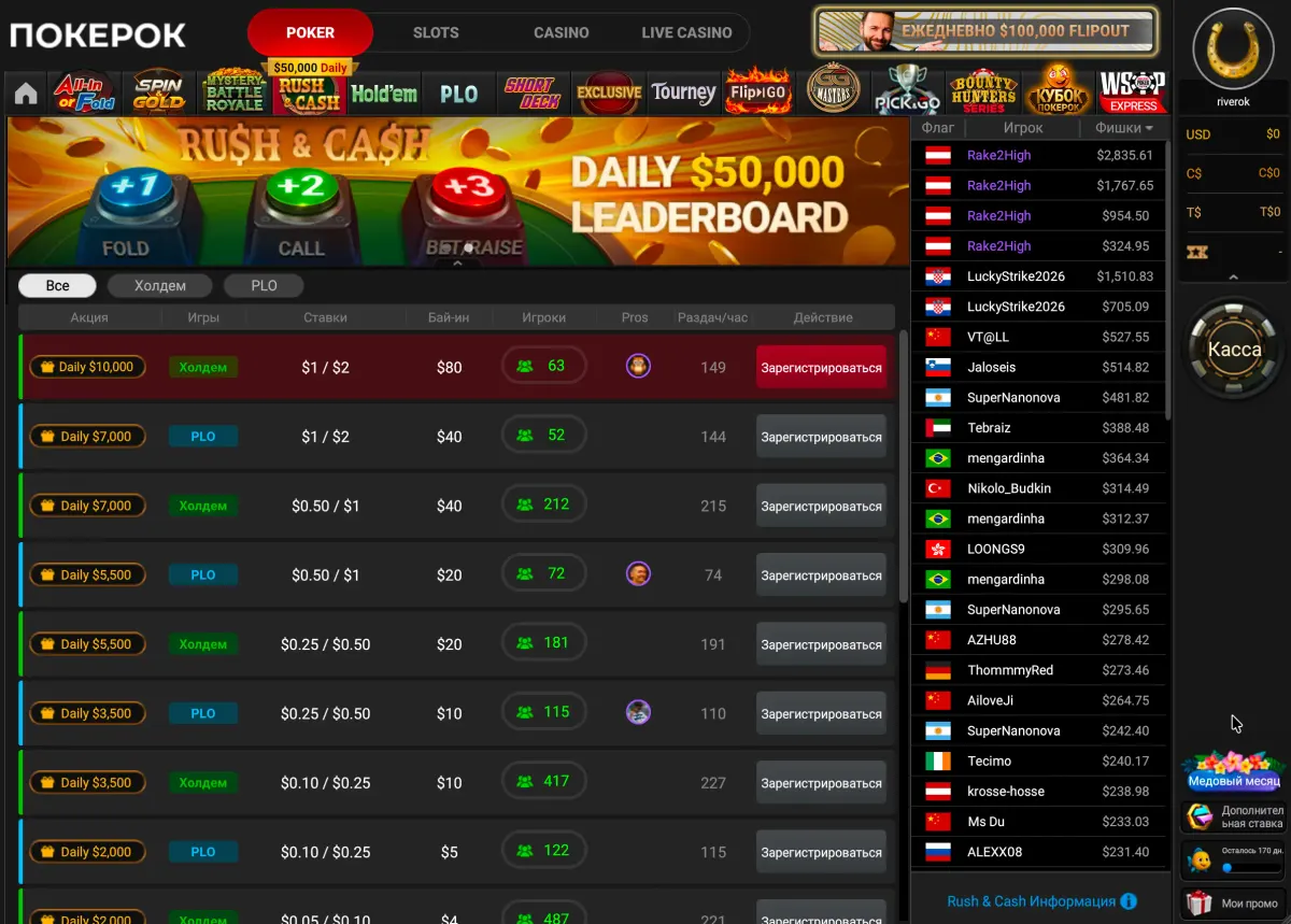 Вкладка «Rush & Cash» в лобби PokerOK со списком столов